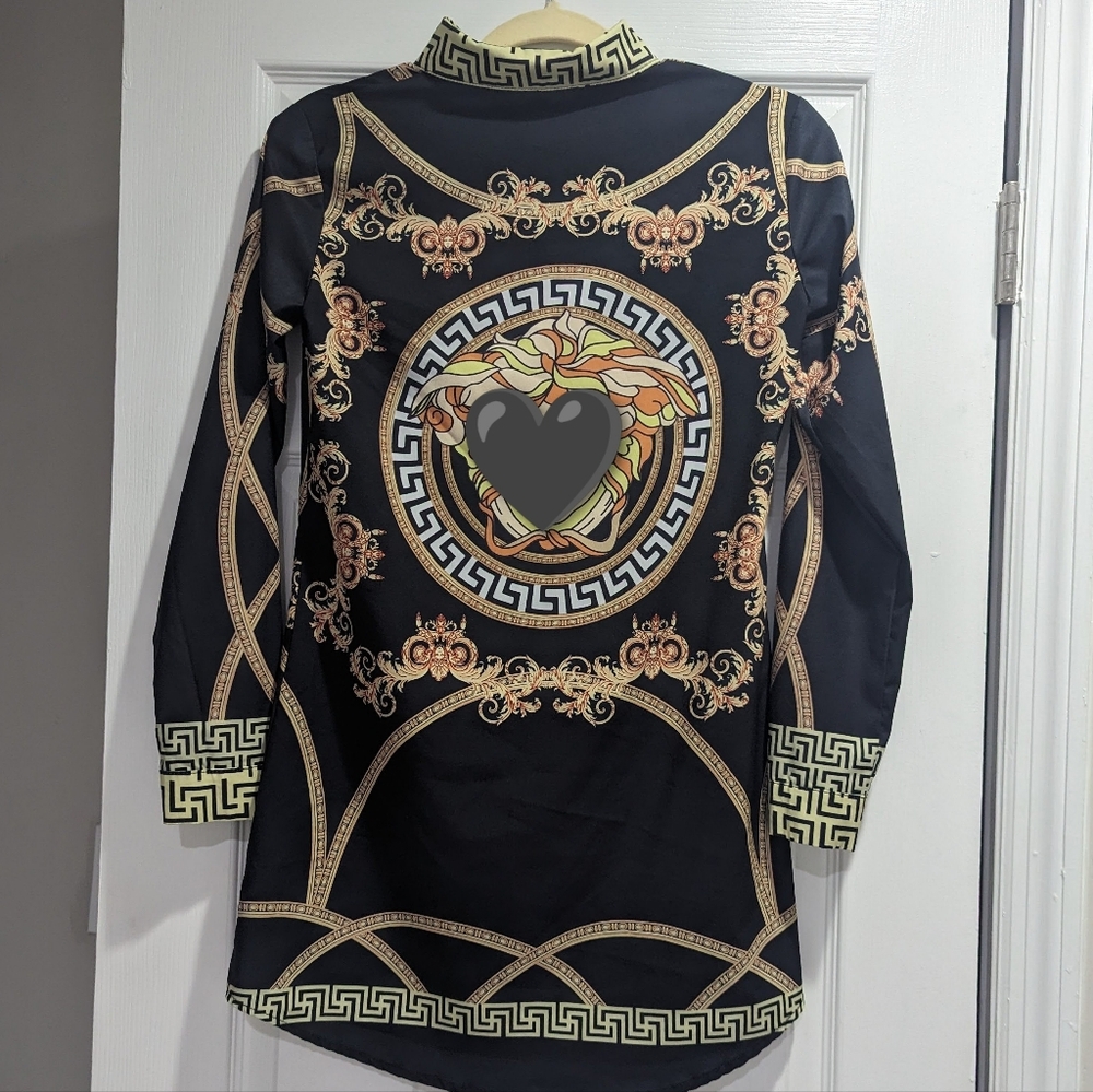 Black Baroque Print Mini Dress with Gold Accents